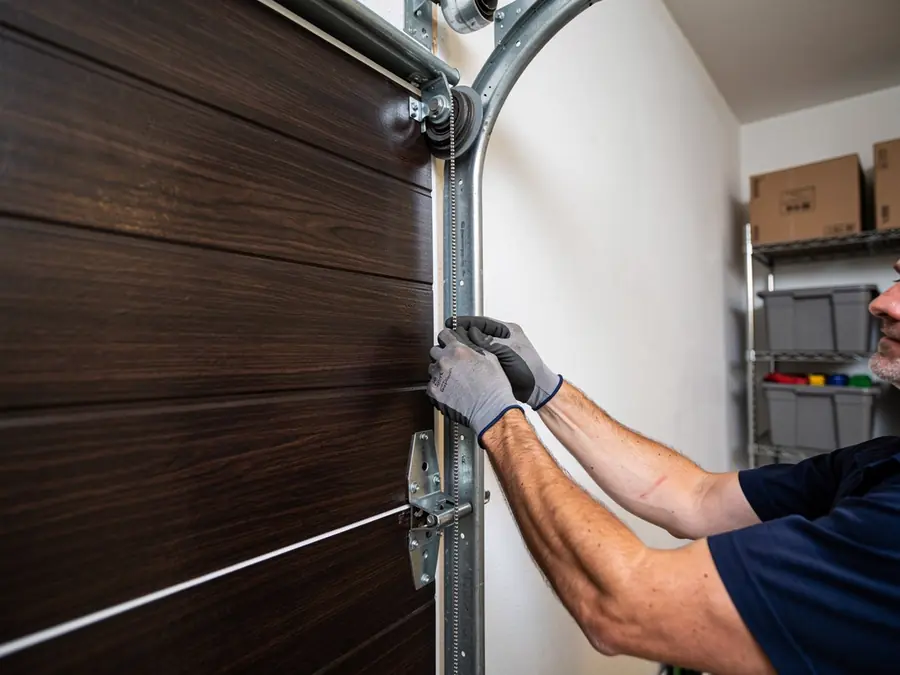 A technician adjusts the chain on a dark brown garage door.