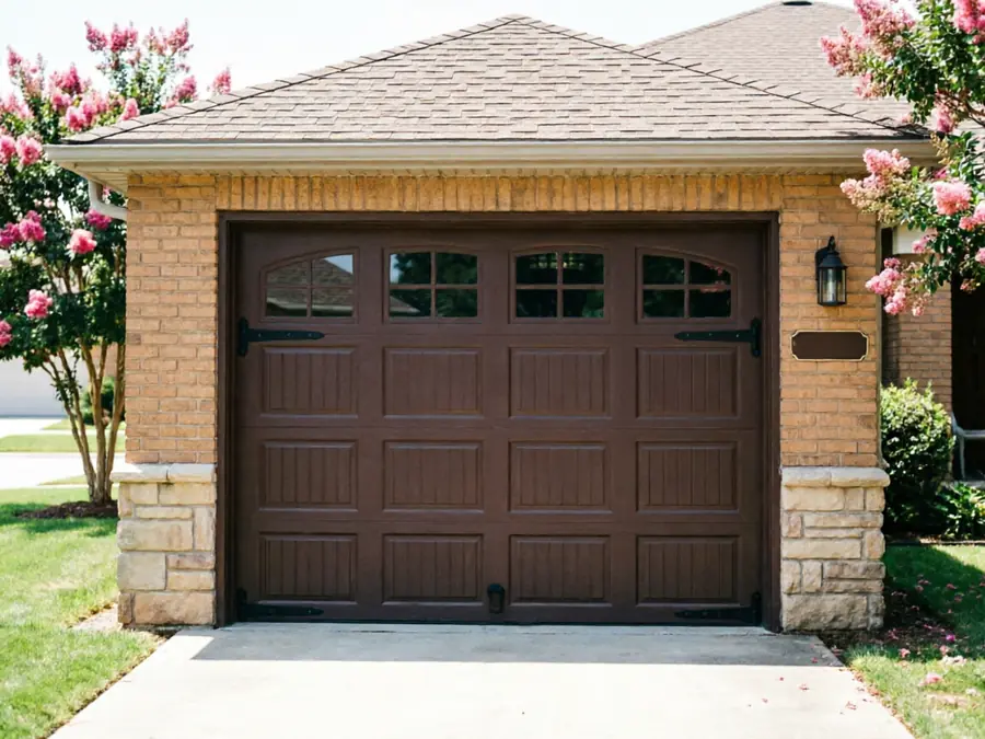 The brown garage door has windows and decorative black hardware.